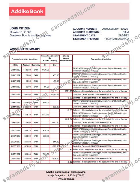 Bosnia and Herzegovina Addiko Bank statement